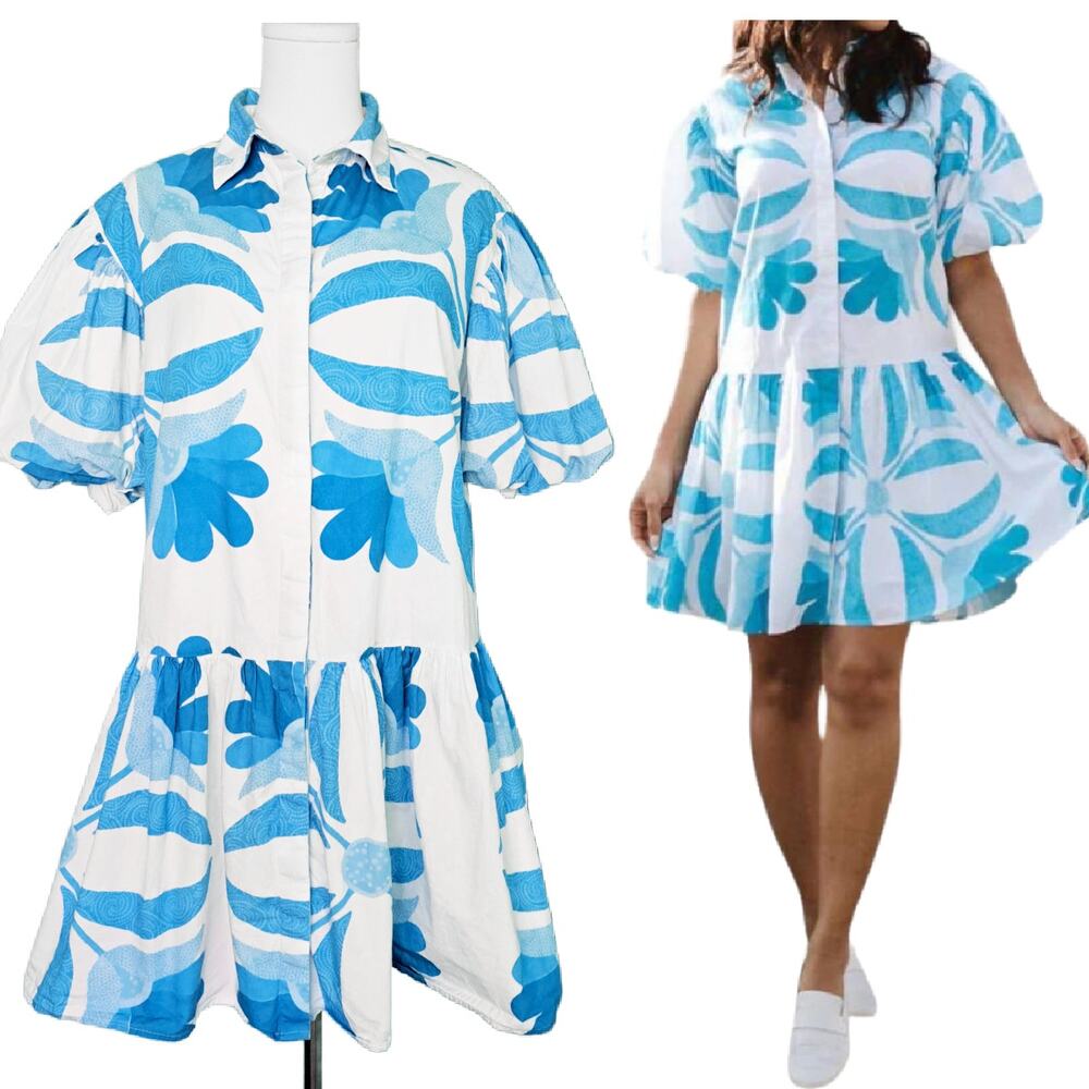 WKND Frock It Blue Floral Maldives Cotton Puff Sleeve Babydoll Mini Shirt Dress